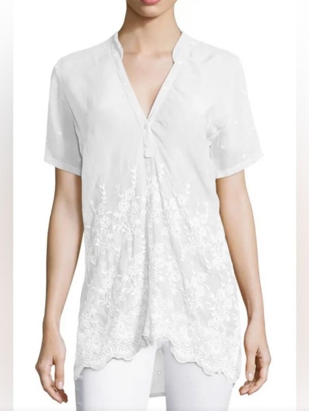 Johnny Was Tulia Short-Sleeve Embroidered Georgette Blouse Tunic Floral White